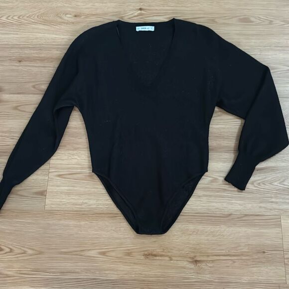 Zara Knit Womens Black Glitter Sweater Bodysuit Medium Cozy Comfy Trendy VNeck - Picture 1 of 6